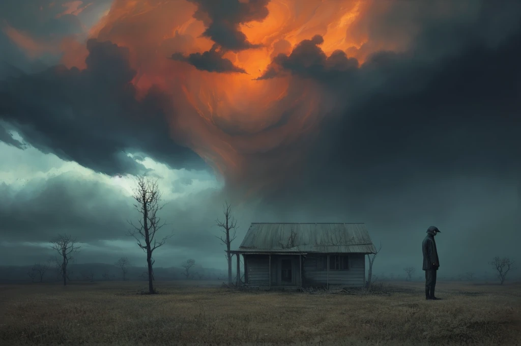 A grim Kansas horror story, a forgotten land, terrifying art, horror fantasy, surreal science fiction painting, Simon stålenhag, Denis sarazhin, ominous sky, Alex colville, terrifying art, nightmarish, disturbing art, grim noir, narrative storytelling art, phenomenal painting