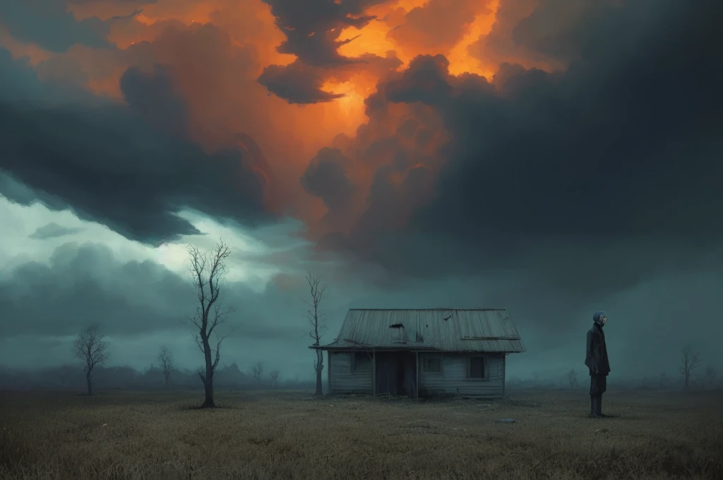 A grim Kansas horror story, a forgotten land, terrifying art, horror fantasy, surreal science fiction painting, Simon stålenhag, Denis sarazhin, ominous sky, Alex colville, terrifying art, nightmarish, disturbing art, grim noir, narrative storytelling art, phenomenal painting