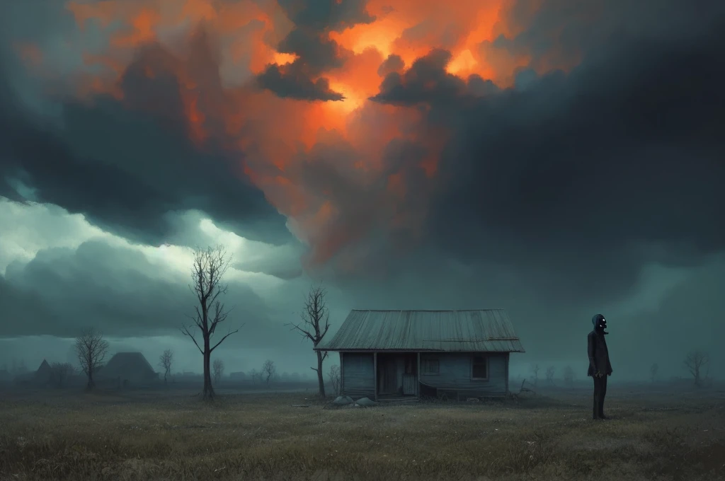 A grim Kansas horror story, a forgotten land, terrifying art, horror fantasy, surreal science fiction painting, Simon stålenhag, Denis sarazhin, ominous sky, Alex colville, terrifying art, nightmarish, disturbing art, grim noir, narrative storytelling art, phenomenal painting