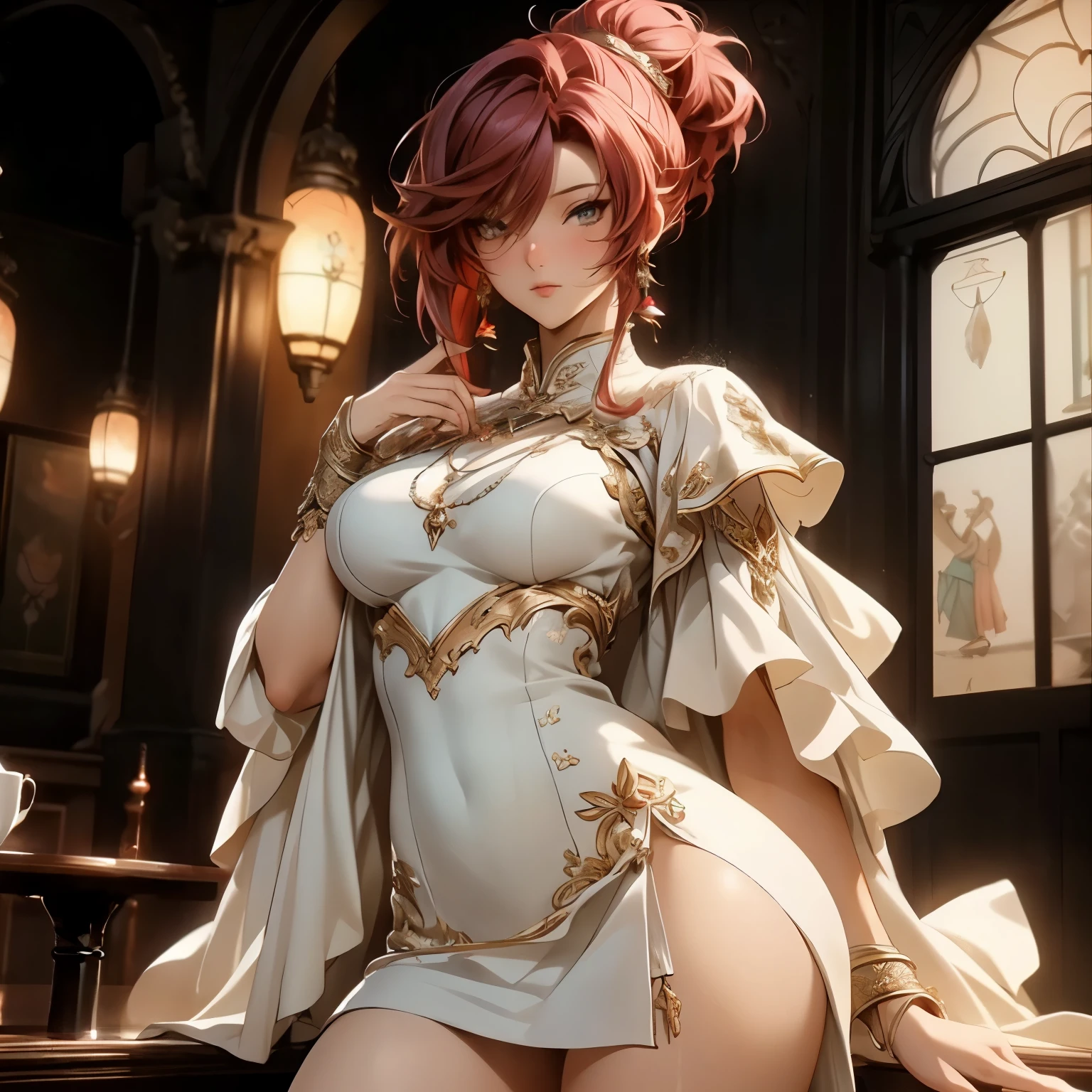 (best quality)), ((Masterpiece)), (details:1.4), 3d, HDR (high dynamic range), an image of a beautiful cyberpunk female, medieval, Red hair, High ponytail, Full body, Beautiful white eyes, จมูกโด่ง, ปากแดง, หน้าอกใหญ่, nvidia RTX, PBR surface, After processing, Anisotropic filtration,depth of field, Maximum clarity and clarity, multi-layered surface, Subsurface scattering, perfect proportions, 8K raw files, ultra detailed, Perfect proportions, volumetric lighting, soft lighting, Holy Paldin, Heavy Golden Armor, White dress, glossy skin, intricate Silver embroidery, Castle background, jewely, ต่างหู, นิ้วมือสมบูรณ์, mini White skirt,