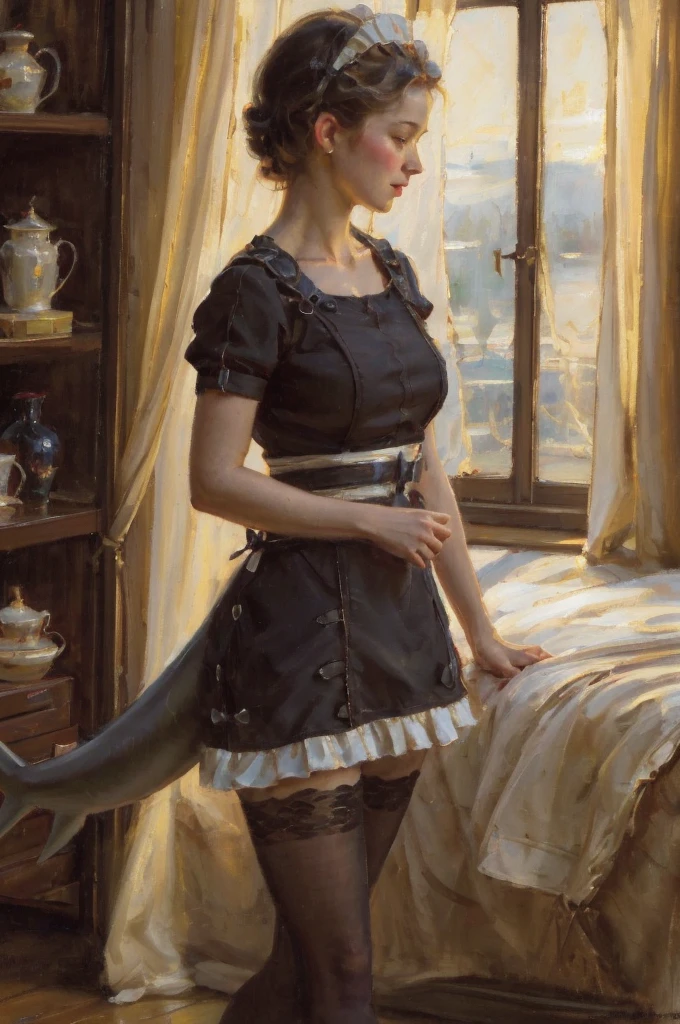 A young girl in realistic oil painting portrait of high quality and detail, classicism, waist, 19 century style, Ellen Joe (Zenless Zone Zero), a young girl with short black hair with red tips at the ends. She also has red eyes and makeup. She is wearing a short maid costume, nylon tights, black underpants, high-heeled shoes. She also has a shark's tail on back, big breast, light and peaceful atmosphere, glow, eye shadow, 1girl, fantasy, Depth & Perspective, smiling on her face, Mystical powers, fine face, She stands in the middle of the bedroom, indoors, sunlight from windows, day time, looking at viewer, (ultra-high detail:1.2), Masterpiece, Best Quality, Ultra-detailed, Cinematic lighting, 8K, delicate features, cinematic, 35 mm lens, f/1.9, highlight lighting, global lighting –uplight –v 4, cinematic, Cinematic lighting, 8K, high quality, Highest Quality, (Solo Focus), (extremly intricate:1.3), (Realistic), masterful, Analog style, (Film grain:1.5), (warm hue, cold tone), 