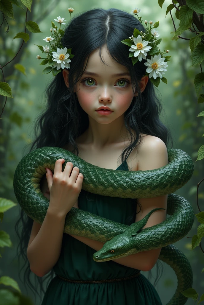 beautiful young girl, dark long hair, white flowers are woven into the hair, green eyes, dark green dress, snake, girl holding a snake, vines on the background, 8k, high detailed, high realism, dark fantasy art