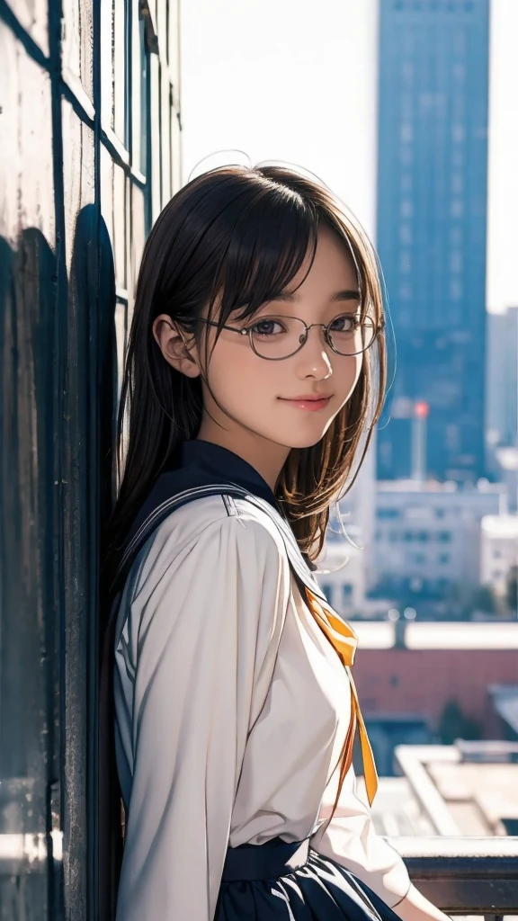 Post-Impressionism (One girl, Black Sailor Suit, skirt), (Blonde), Leaning on the railing, Big smile, Half Body Shot, Sharp focus, Beautiful junior high school students, Soft lighting, A kind smile, Wear one pair of glasses, ((noon)), Bokeh, School rooftop, Beautiful Face, 24mm lens, fuji provia  School rooftop cool girl  heibaidiao, silhouette, Light and shadow, Painted Poster Film Overlay, Film Grain, Image Border