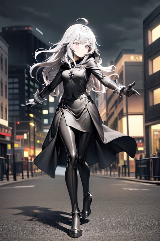 ((best quality)), ((masterpiece)), (detailed), 1 girl, Full body, 1, Face Depressed, Silver eyes, Outstretched arm, Gray zipper Hood, Blushing, Long hair, Silver hair, Spiky hair, Ahoge, Bangs, Lock of hair covering eye, Full body, Very tall, Small breasts, Thin body, Metal spikes, Gray bracelets, Long black gloves, Gray gothic dress, Gray dress with metal spikes, Metal emblem, Somewhat tight, Black belt, Metal legs, Black pantyhose, Black boots, Walking through the city, Giant metal spikes sticking out of the street, Cracked road, City background, Anime
