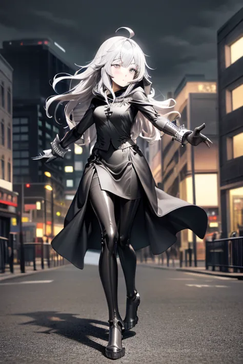 ((best quality)), ((masterpiece)), (detailed), 1 girl, full body, 1, face depressed, silver eyes, outstretched arm, gray zipper ...