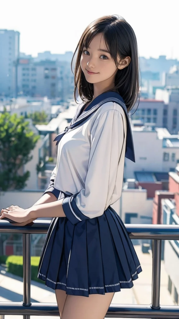 Post-Impressionism (One girl, Sailor suit, skirt), Leaning on the railing, Big smile, Half Body Shot, Sharp focus, Beautiful junior high school students, Soft lighting, A kind smile, ((noon)), Bokeh, School rooftop, Beautiful Face, 24mm lens, fuji provia  School rooftop cool girl  heibaidiao, silhouette, Light and shadow, Painted Poster Film Overlay, Film Grain, Image Border