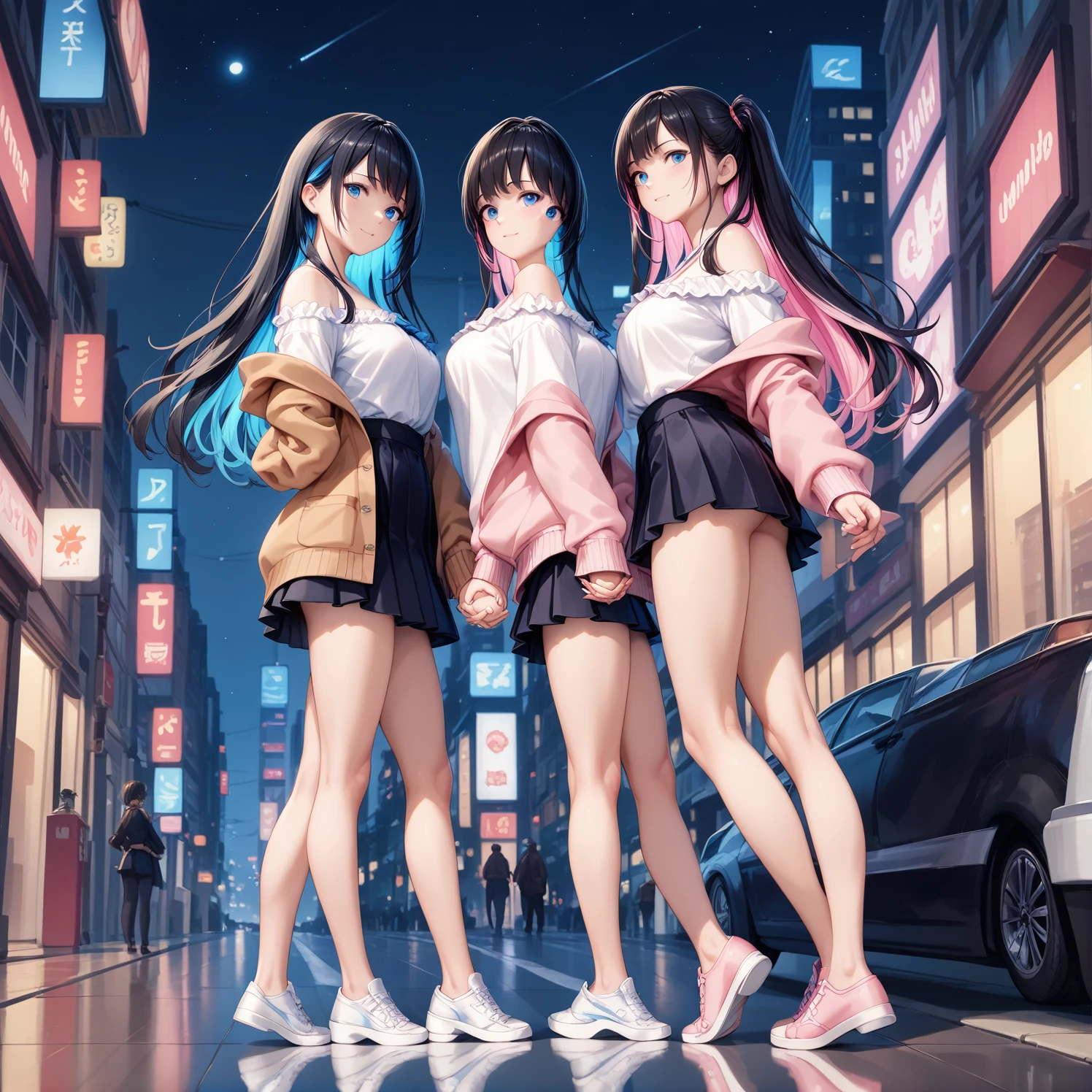 2 girls,((Highest quality)),(masterpiece),(Realistic Shadows),(１ beautiful girl),Long Hair,(colored inner hair　black hair + pink inner hair),Blue eyes,email,multicolored hair,off shoulder top, frilled clothing, cardigan, mini skirt」,BREAK　in the city, at night, best light, full body shot, from side, , skyscraper,holding hands