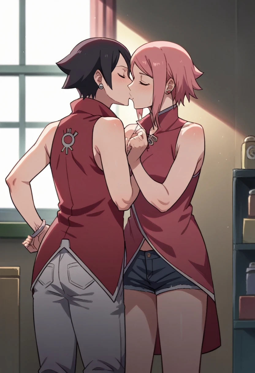 2girls, art by Masashi Kishimoto, sakura haruno and sarada uchiha are inside a storage room, dark room without lights, sakura haruno is wearing a red dress, sarada uchiha is wearing a tank top and unzipped denim, sakura haruno and sara uchiha are kissing each other