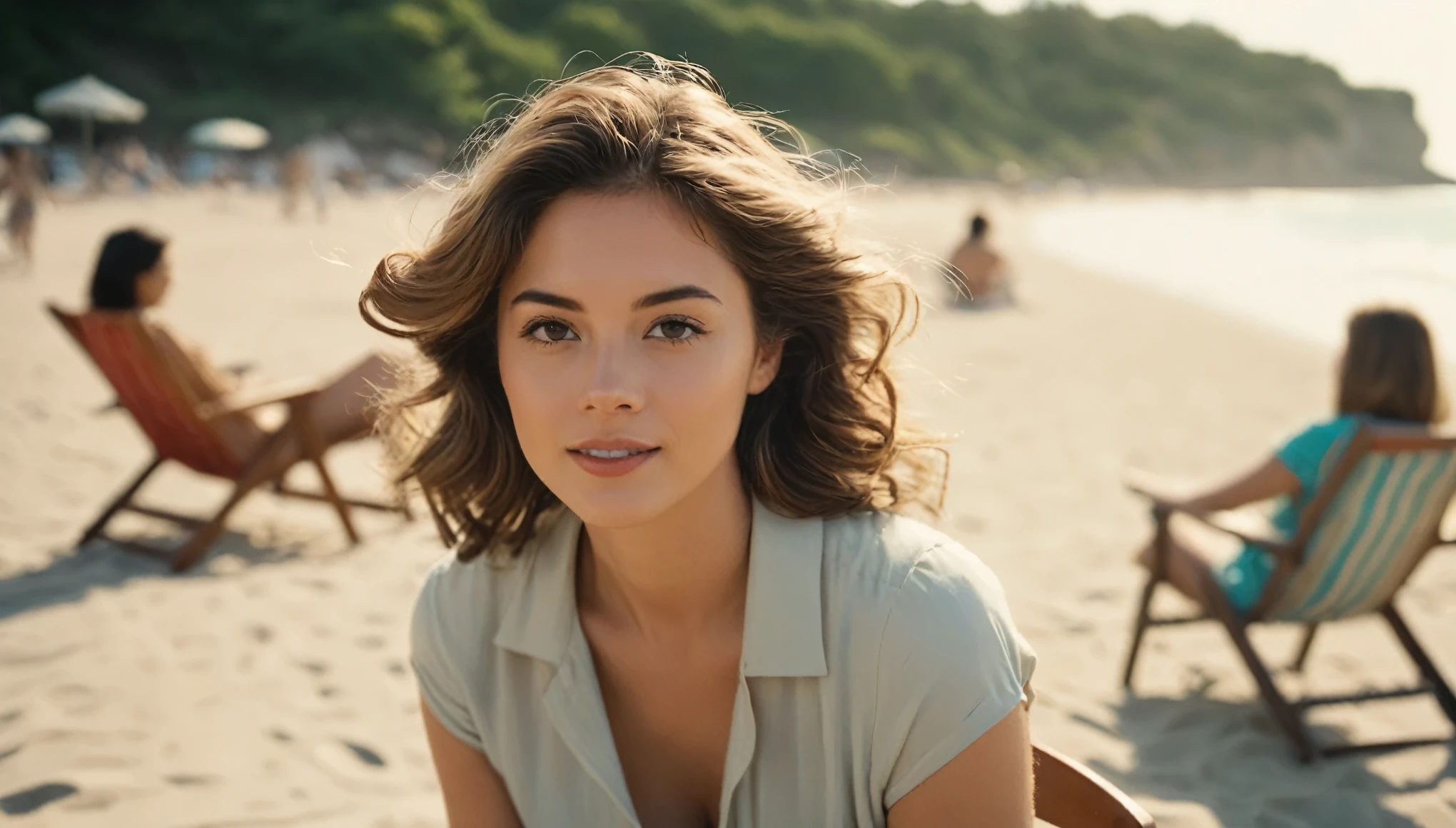 Enhance the quality of a vintage beach photo taken with a Canon 35mm camera. Focus on restoring the details of the person in the foreground, making their facial features and hair more distinct while maintaining the natural tones and textures typical of 35mm film. Improve the sharpness of the background elements, such as the beach chairs and sand, but ensure they retain a slight blur to emphasize the depth of field. Preserve the nostalgic feeling of the image, keeping the warm color palette and soft lighting consistent with the original film style.