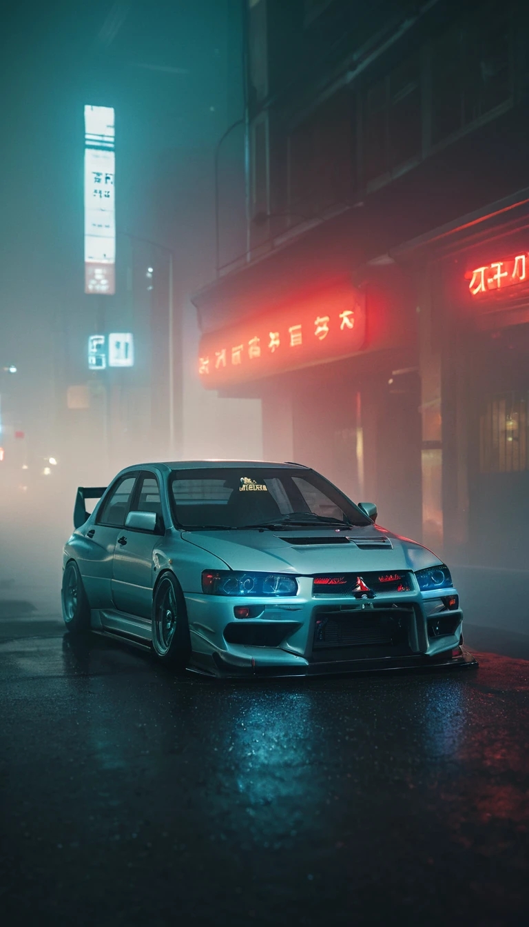 (intrincated details:1.2), (photorealistic), (masterpiece), (photography), cinematic lighting, cyberpunk city, fog, Mitsubishi Lancer Evolution	Sedan	1992-2015, ground vehicle, motor vehicle, no humans, scenery, solo, vehicle focus, night time, front quarter