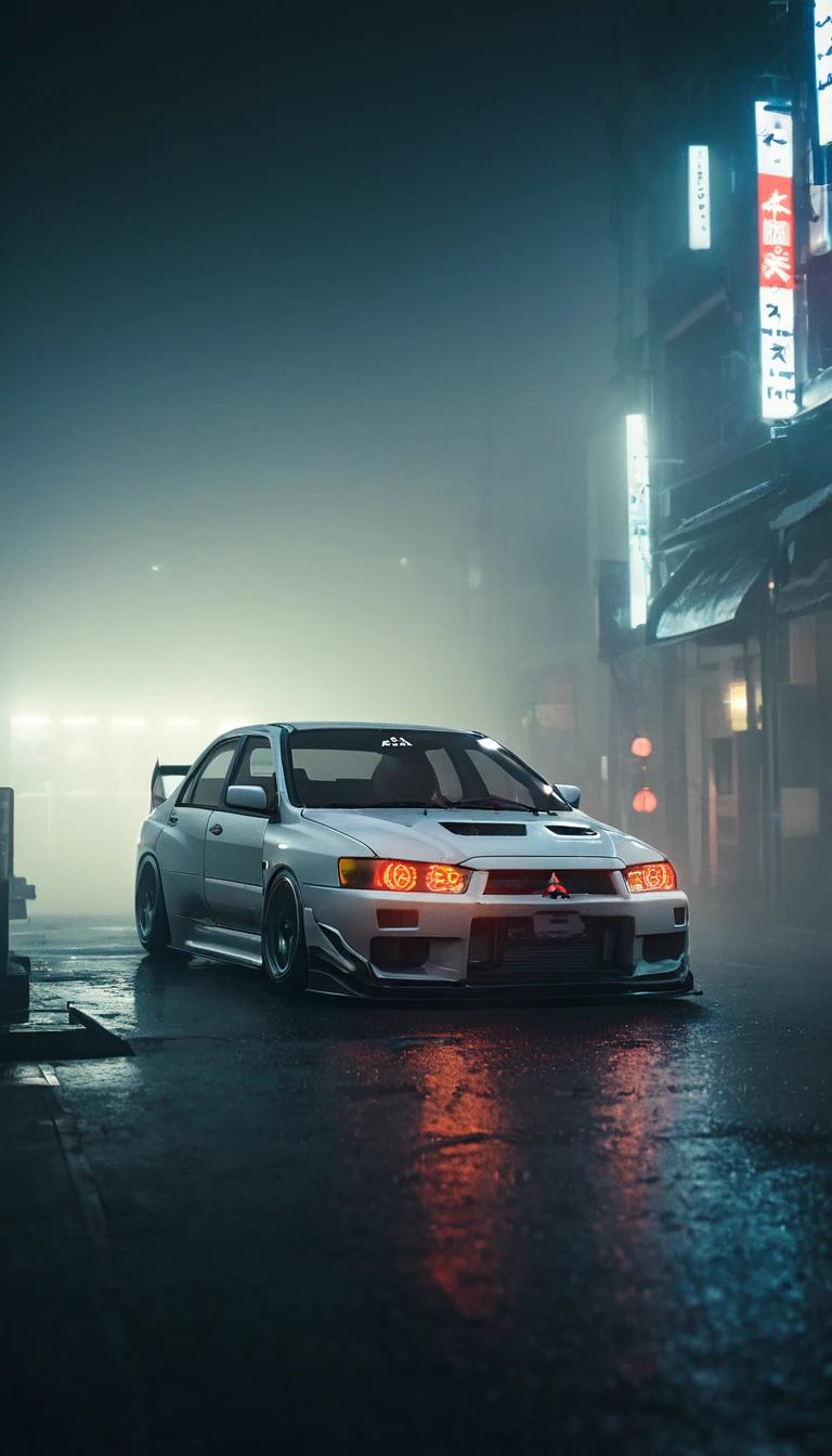 (intrincated details:1.2), (photorealistic), (masterpiece), (photography), cinematic lighting, cyberpunk city, fog, Mitsubishi Lancer Evolution	Sedan	1992-2015, ground vehicle, motor vehicle, no humans, scenery, solo, vehicle focus, night time, front quarter