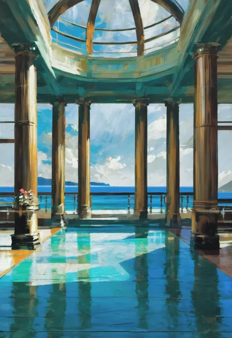 painting, photoshop rough oil brush set, morning,  architecture,  miscellaneous academic open ocean, vibrant color scheme