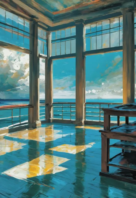 painting, photoshop rough oil brush set, morning,  architecture,  miscellaneous academic open ocean, vibrant color scheme