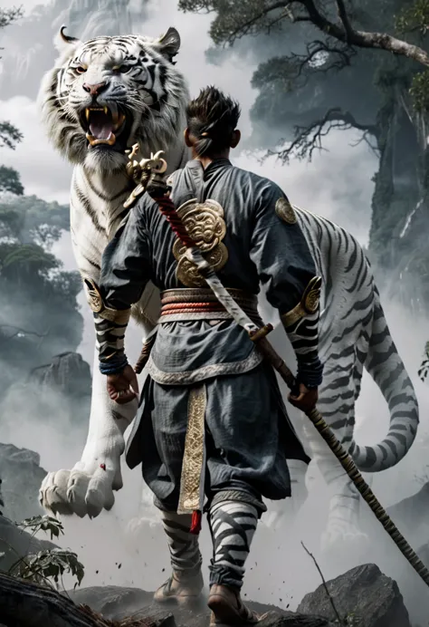 full body shot of black myth wukong, he is standing while staring intently in front of a white tiger while opening his mouth wit...