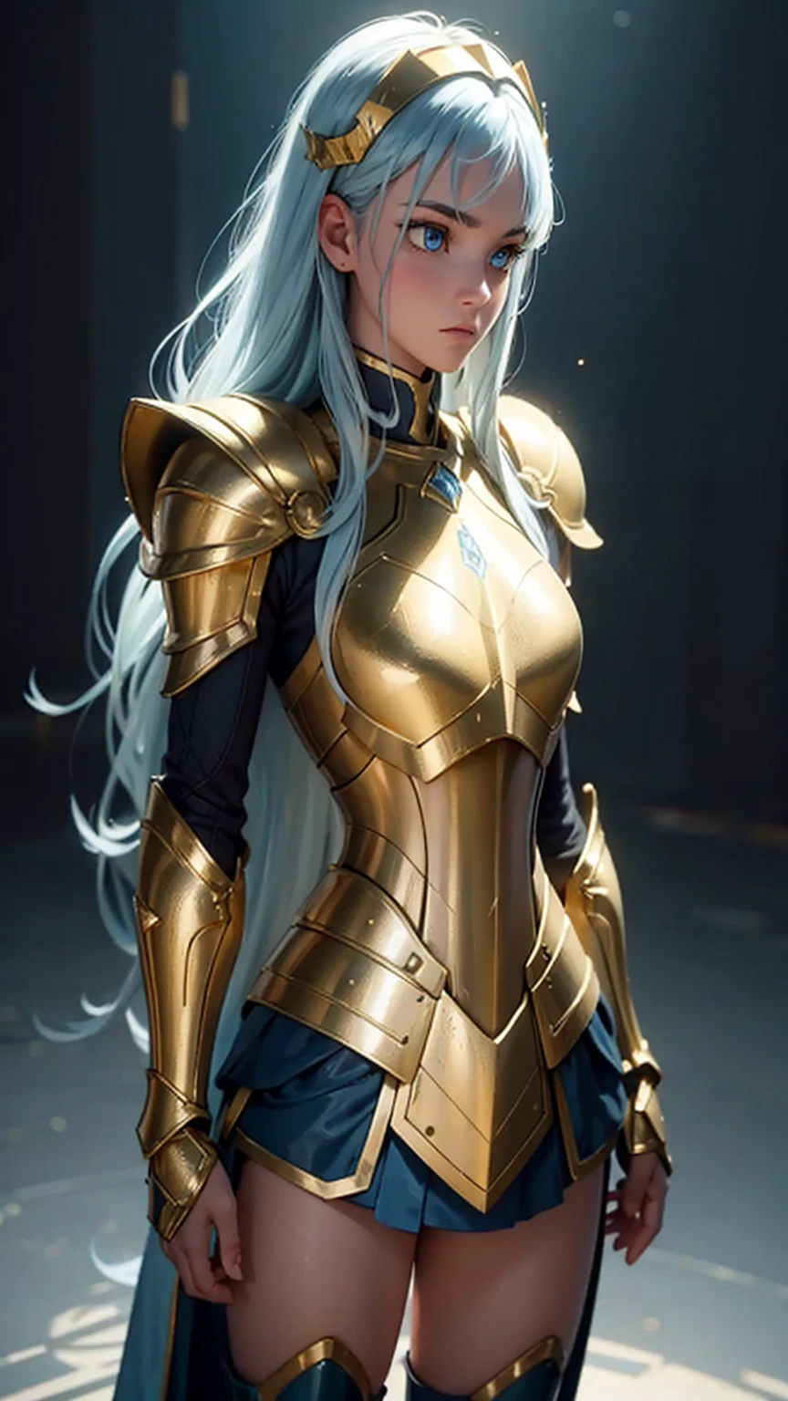 masterpiece, Highest quality,Highly detailed RAW color photos, Sharp focus, 8K high resolution, One girl, Long Hair, turtleneck, Close-up photo, Woman in armor, Light blue hair, Helmet, foot armor, Shoulder Armor, Long Hair, yellow armor, reflection on armor, headset, Yellow headband, Sparking Armor, Transparent vinyl perfect for white skin, At night, From below, AquariusArmor, Are standing, (Gold Armor:1.2) Moonlight Reflection, sacred , landscape, bright (Facial freckles:0.1), to8contrastスタイル, posing in a dark studio, (Rim Light,:1.4) Two-tone lighting, Octane, unrealistic, It&#39;s dim, (Modest:1.3),