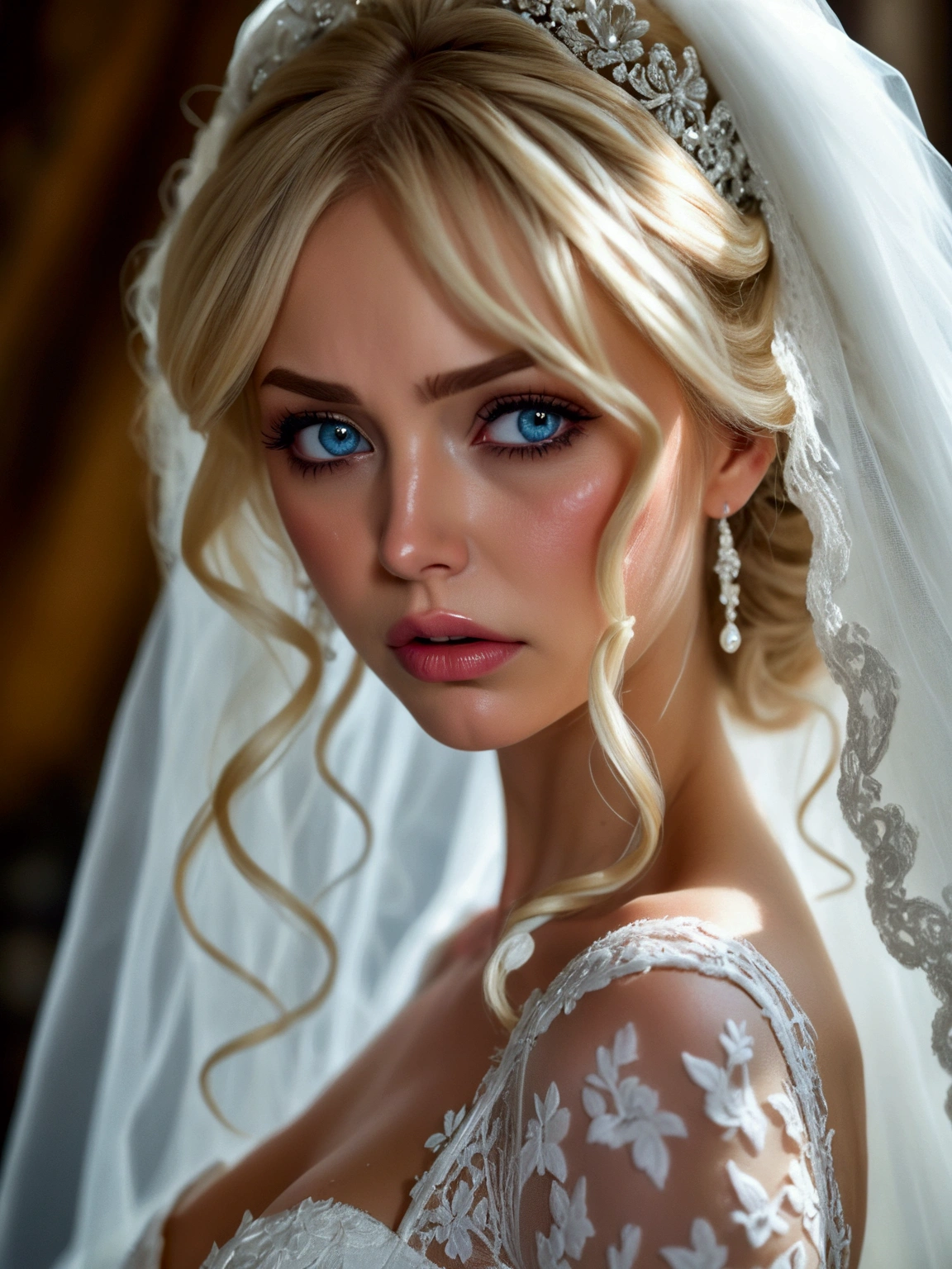 Create a hyper-detailed photograph of a crying  bride , Young and sexy, Helena the Bride, Incredibly perfect beautiful face, perfect make-up, detailed vibrant eyes, long blonde hair , perfect beautiful, perfect perfect beautiful arms, realistic torso,  Bride Helena&#39;s Detailed Skin, large breasted, perfect round ass,  Sexy and seductive white lace lingerie dress for bride, back to camera looking forward, and with the serious look of someone who is going to take revenge 
