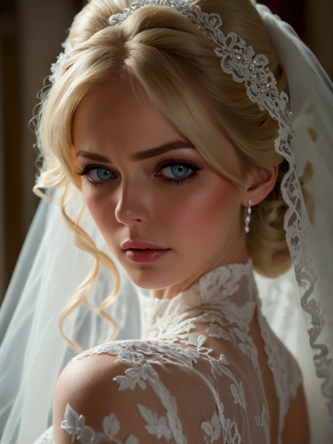 Create a hyper-detailed photograph of a crying  bride , Young and sexy, Helena the Bride, Incredibly perfect beautiful face, perfect make-up, detailed vibrant eyes, long blonde hair , perfect beautiful, perfect perfect beautiful arms, realistic torso,  Bride Helena&#39;s Detailed Skin, large breasted, perfect round ass,  Sexy and seductive white lace lingerie dress for bride, back to camera looking forward, and with the serious look of someone who is going to take revenge 
