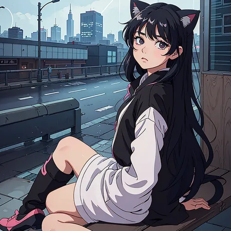 cat girl, with cat ears, short black hair, with rain and relaxing, listening to music, com roupa preta, in a city chuvosa, with ...