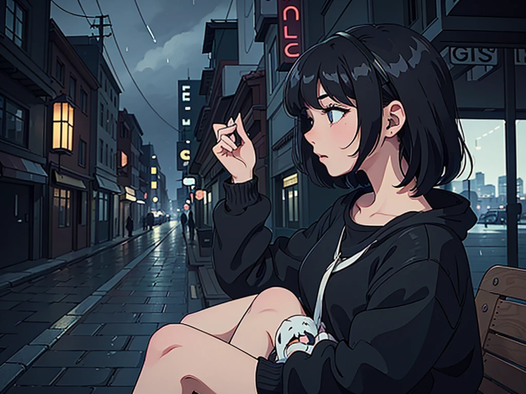 A girl with short black hair and cat ears, wearing dark clothes, in a rainy and calm city, with a relaxing atmosphere. She is a little further away, with a view of her from the waist up, listening to music, and dark colors dominate the scene. The background shows a detailed and vibrant city, reflecting an 80s and 90s anime aesthetic, mixed with a touch of Fujifilm aesthetics. The girl has beautiful eyes, and the entire composition is in 4K, capturing the lofi aesthetic with a soft and tranquil atmosphere.