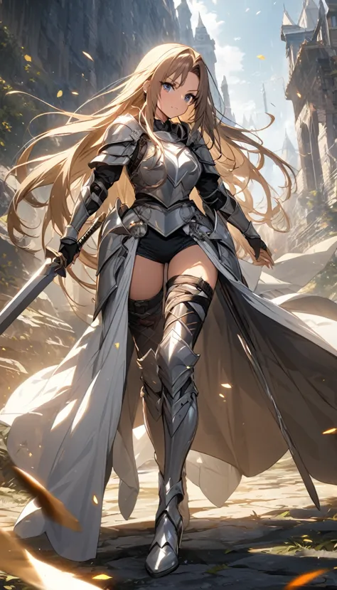 ultra-high definition image quality、beautiful girl、female warrior、female swordsman、light armor、silver boots、long hair、knight&#39...