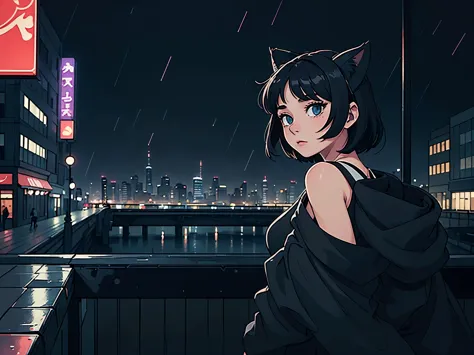 a girl with short black hair and cat ears, wearing dark clothes, in a rainy and calm city, with a relaxing atmosphere. she is a ...