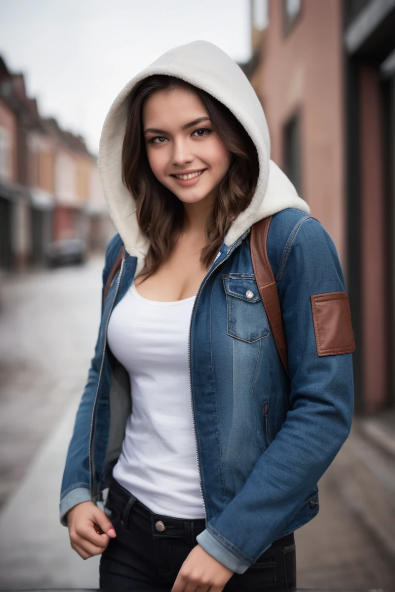 arafed woman in a white shirt and a denim jacket, girl wearing hoodie, wearing casual clothing, portrait sophie mudd, casually dressed, wearing casual clothes, casual pose, black haired girl wearing hoodie, on the street, on the street, on a street, casual clothing, cute young woman, pokimane, casual clothes, attractive girl, wearing a hoody, looking straight at the camera.