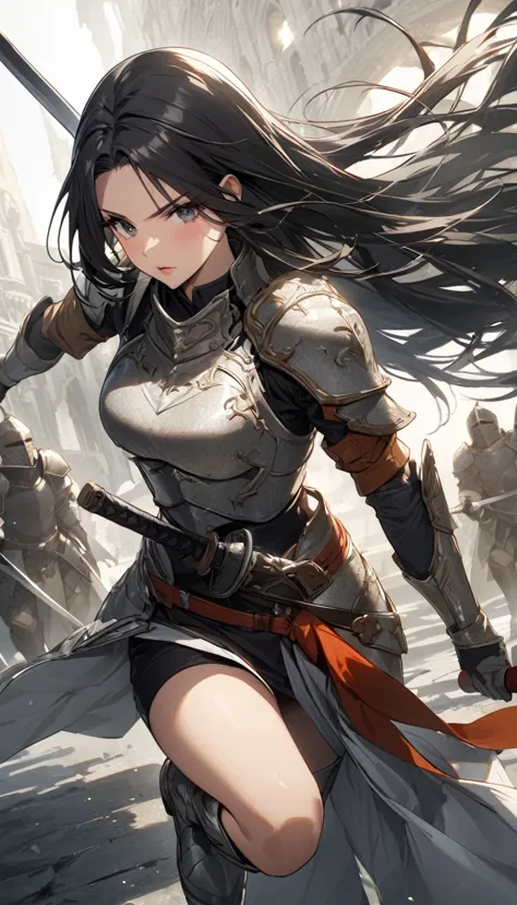 ultra-high definition image quality、beautiful girl、female warrior、female swordsman、light armor、silver boots、long hair、knight&#39...