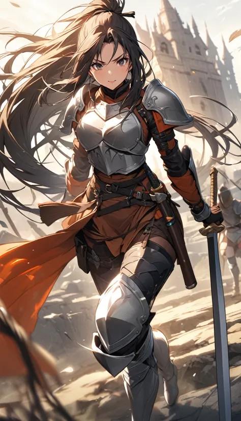 ultra-high definition image quality、beautiful girl、female warrior、female swordsman、light armor、silver boots、long hair、knight&#39...