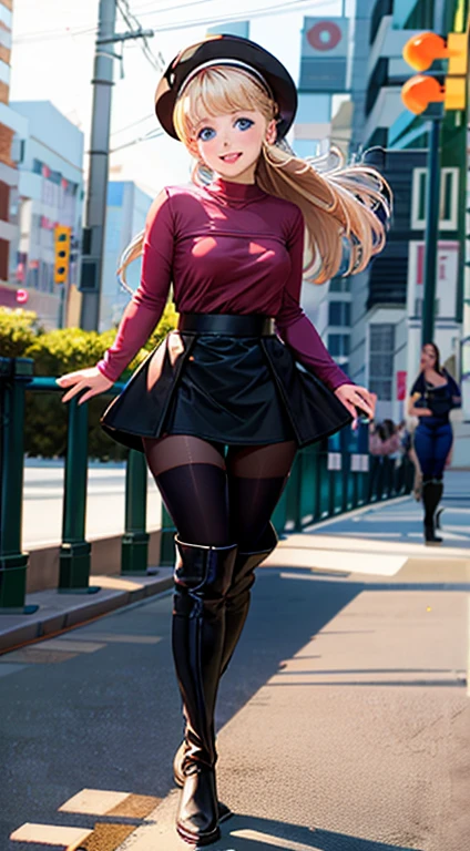 1girl, Melissa Rauch, smiling, beautiful, masterpiece, best quality, black pantyhose,knee boots , standing