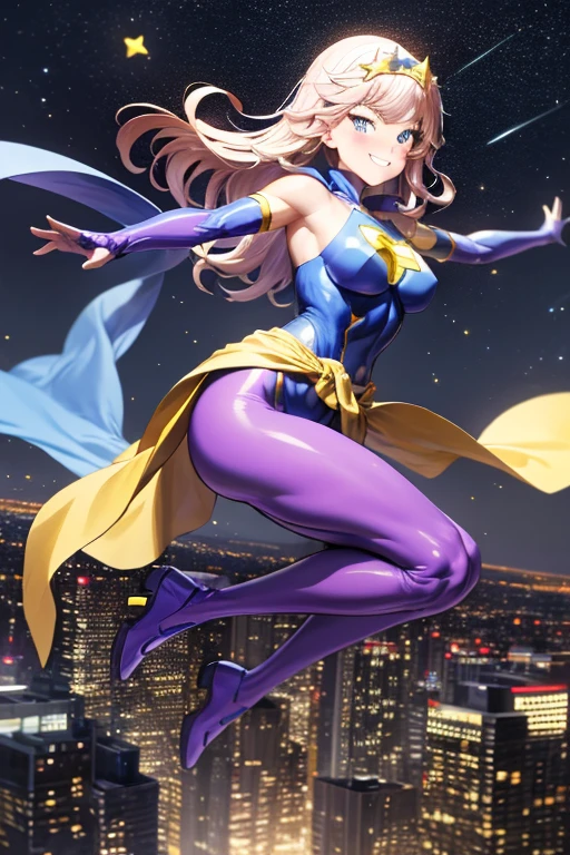 ((best quality)), ((masterpiece)), (detailed), 1 girl, Full body, 1, Smiling face, Blue eyes, Star-shaped tiara, Arms outstretched, Arms behind waist, Blue superhero mask, Blushing, Blonde hair, Straight hair, Long hair, Bangs, Hair ornaments, Star hair ornaments, Full body, Medium breasts, Slim body, Hands with yellow stars, Yellow wristbands, Long purple gloves, Blue gloves, Blue gloves, Yellow shoulder pads, Superhero costume, Superheroes, Yellow leotard suit, With a big yellow star in the center, Star emblem, Somewhat tight, Long yellow cape on waist, Red belt, Purple legs, Purple pantyhose, Long blue boots, Flying, City background, Anime