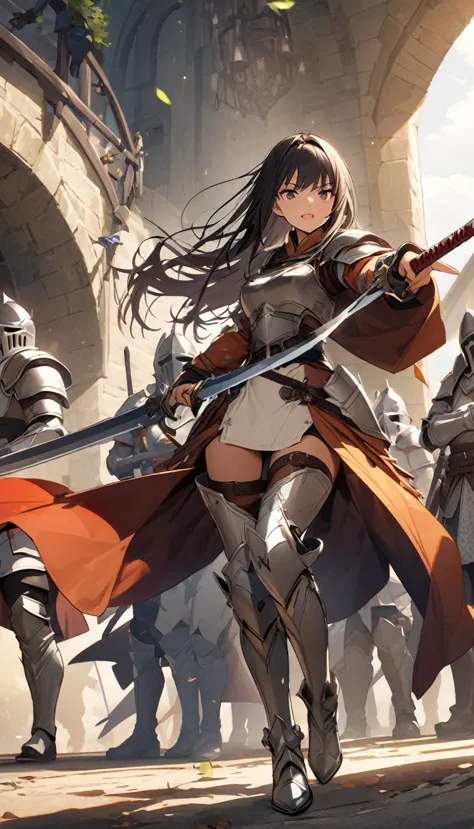 ultra-high definition image quality、beautiful girl、female warrior、female swordsman、light armor、silver boots、long hair、knight&#39...