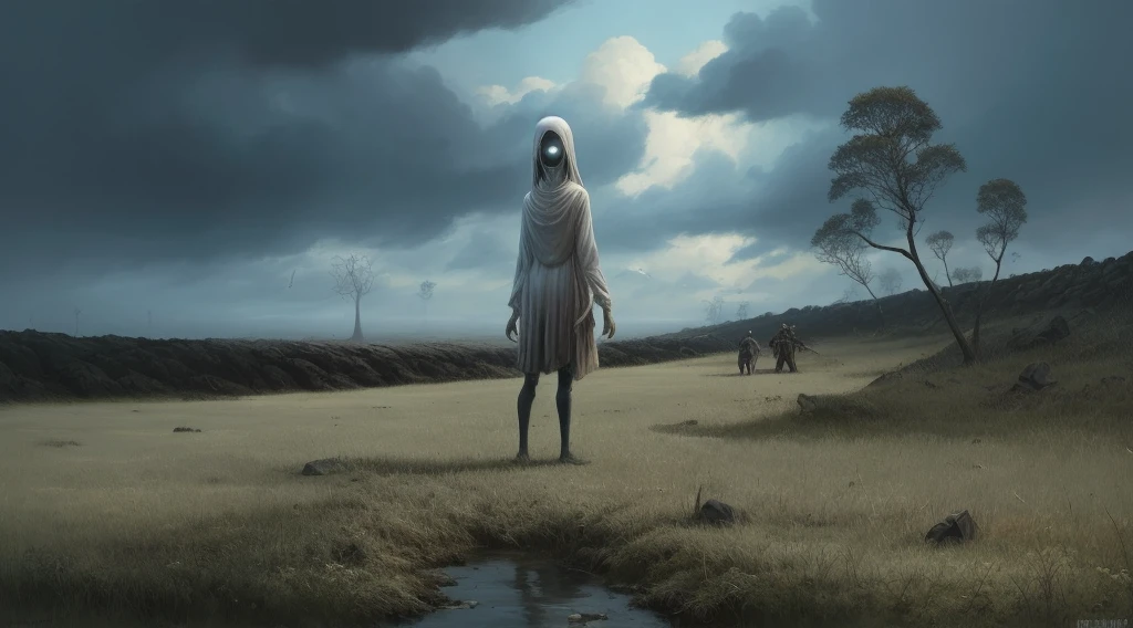 A grim Kansas horror story, a forgotten land, terrifying art, horror fantasy, surreal science fiction painting, goro fujita, Simon stålenhag, Denis sarazhin, ominous sky, Alex colville, terrifying art, nightmarish, disturbing art, grim noir, narrative storytelling art, phenomenal painting