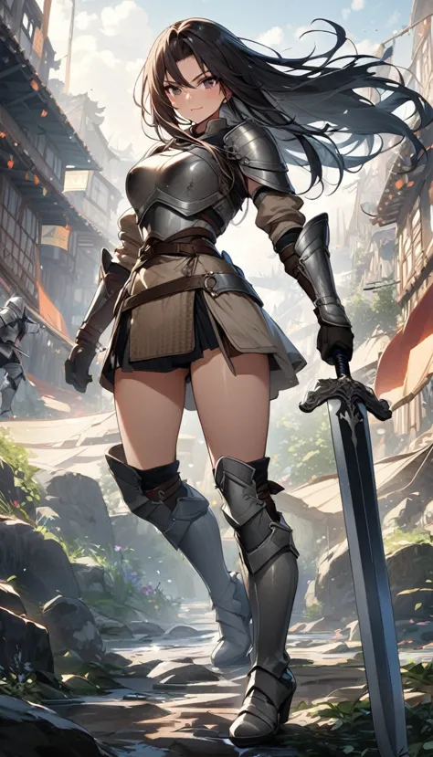 ultra-high definition image quality、beautiful girl、female warrior、female swordsman、light armor、silver boots、long hair、knight&#39...