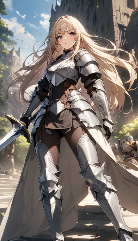 ultra-high definition image quality、beautiful girl、female warrior、female swordsman、light armor、silver boots、long hair、knight&#39...