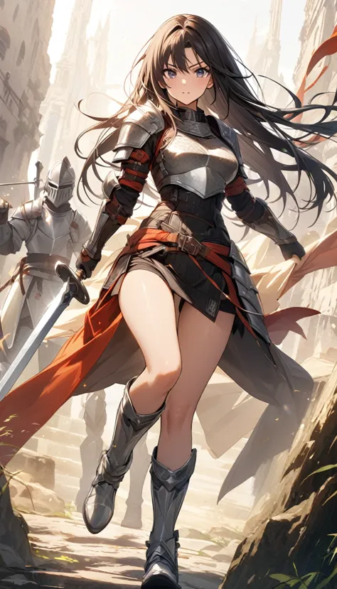 ultra-high definition image quality、beautiful girl、female warrior、female swordsman、light armor、silver boots、long hair、knight&#39...