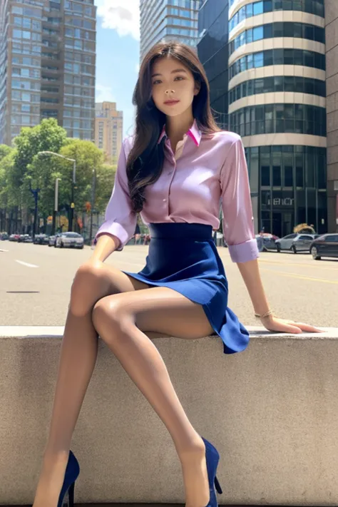 (colorful collared shirts)、(midi skirt:1.2) 、full body portrait、(silk pantyhose)、sitting、both legs and high heels look beautiful...