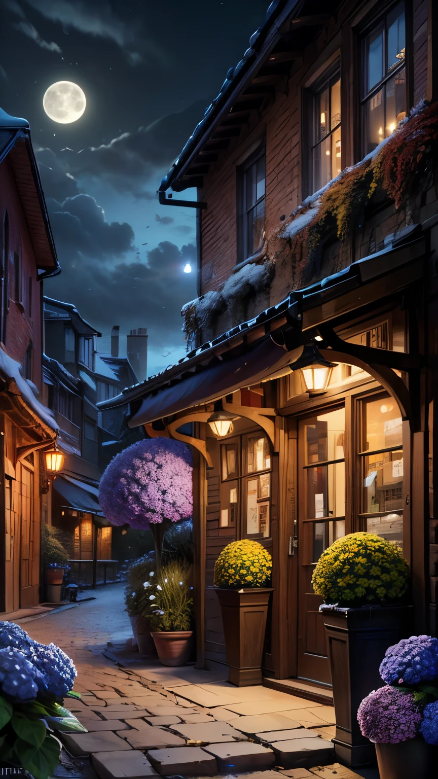 masterpiece, 最high quality, high quality, Very detailed CG 8k wallpaper unit, scenery, Outdoor, set up, Medieval Tavern, Autumn sky, Autumn Dusk, autumn、winter, Cloudy, The big moon shines, Award-winning photography, Depth of written boundary, High resolution, Flowers, squirt, Hydrangea, Realistic, Very detailed, Complex, High detail, dramatic, Art on the go,  Art Station Trends, CGsociety Trends, chromatic aberration.