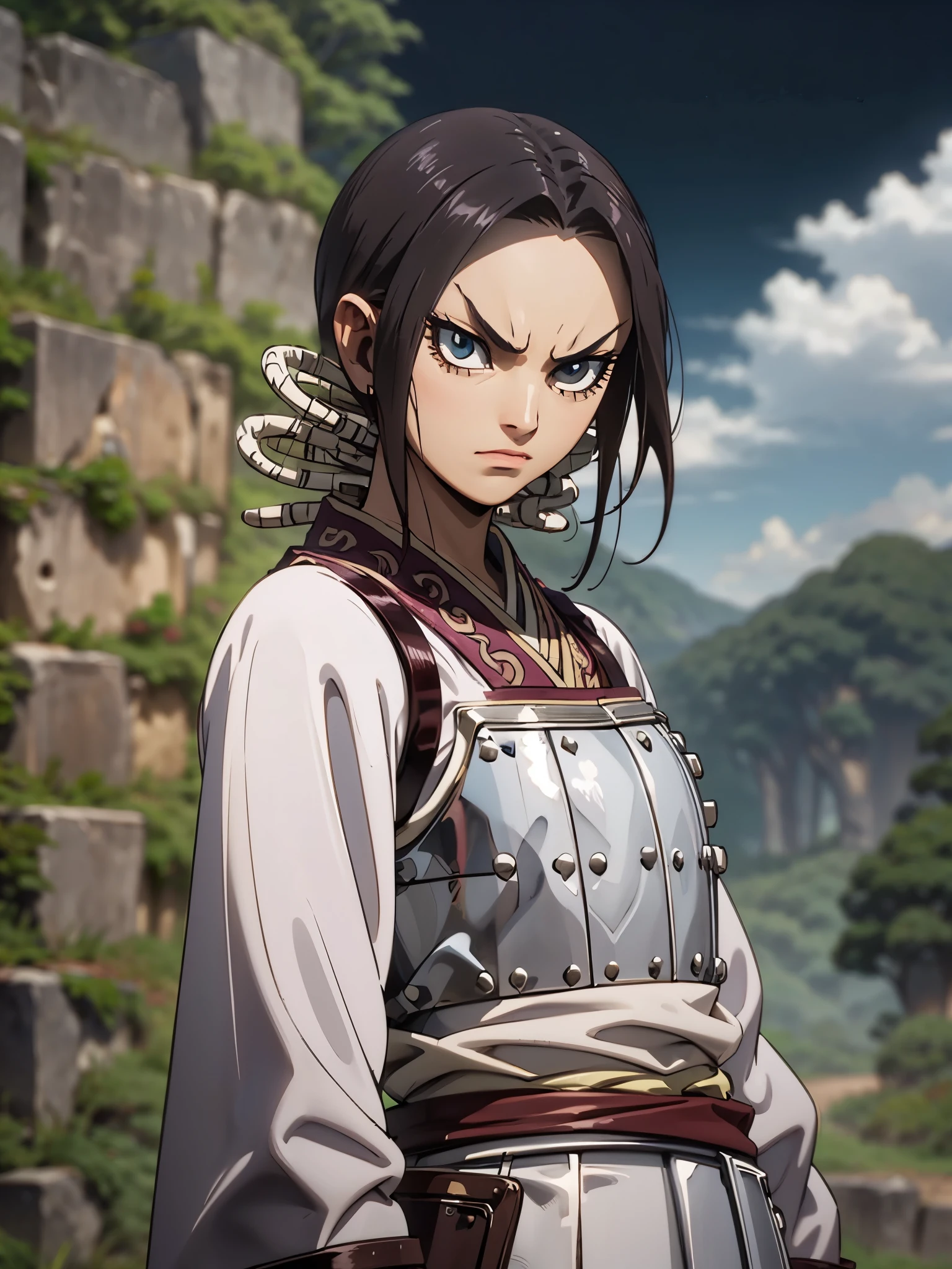 8k, Highly Detailed, Masterpiece, source_anime, best quality, beautifully detailed eyes and beautifully detailed hair, 1girl, solo, a character with fair skin, large expressive eyes, and dark brown hair styled in a neat  tied back, straight manner, sharp facial features face,  They are dressed in traditional warrior attire, consisting of a white robe with purple and gold accents, and silver armor plating on the chest and forearms. The character also wears a dark blue belt and has two swords sheathed at their sides. The overall design is detailed and emphasizes a historical or fantasy warrior theme. The background consists of a stone wall, adding a rustic and historical feel to the scene. The character's facial expression is serious and focused, suggesting determination or concentration, 