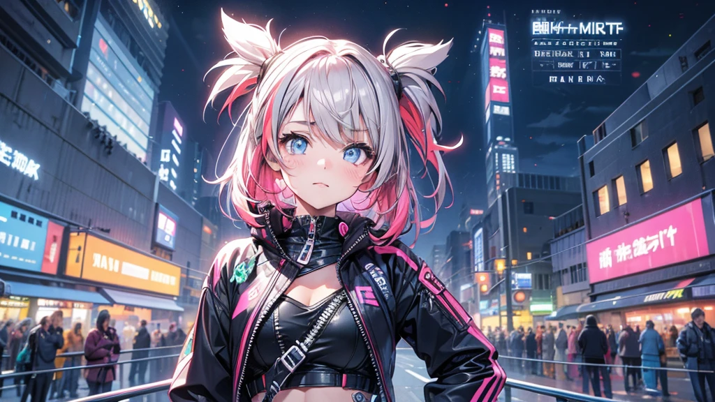 portrait, 1 girl, beautiful face, asymmetrical hair, multi-colored hair, belt, zipped bodysuit, grey eyes, hip vent, cute, neon night city, neon, looking up in the sky