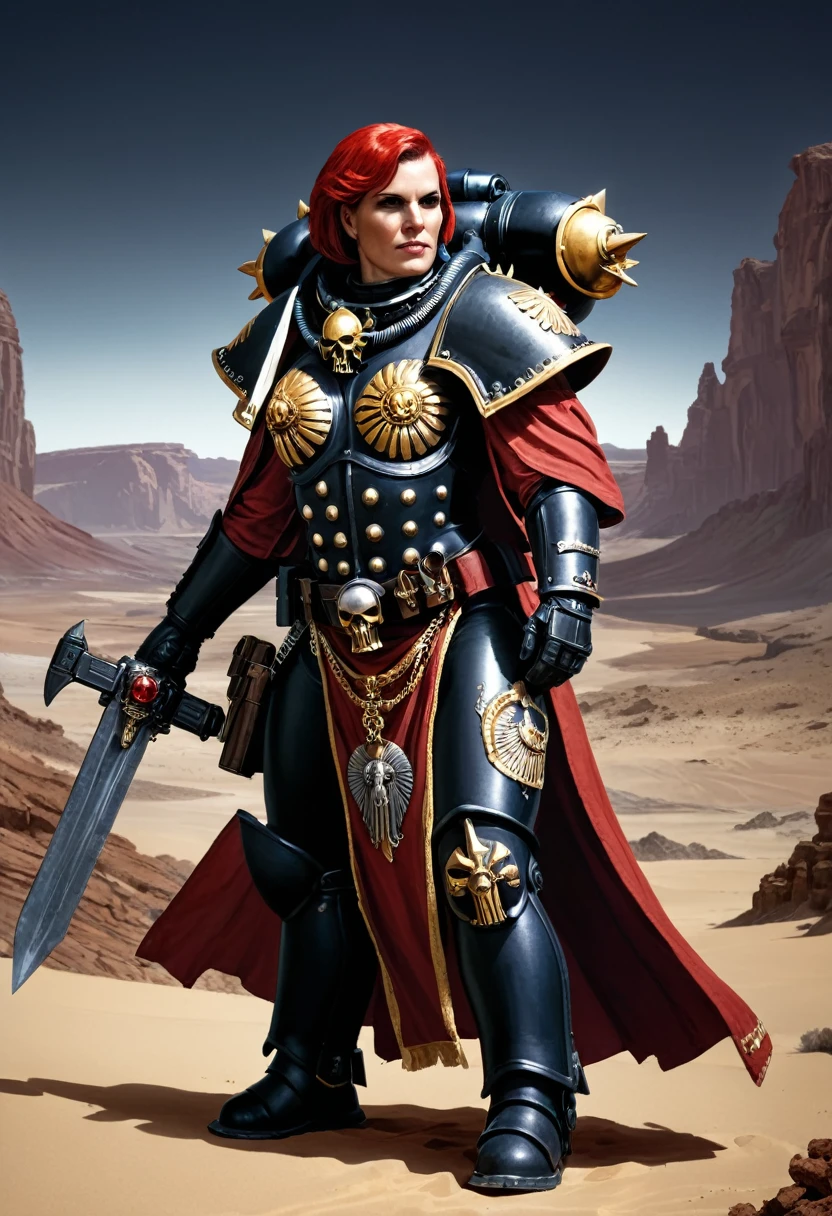 female,40K Warhammer,Space Marine,Intricately ornate black gold ruby ​​armor,Adept Sororitas,Dynamic stance,Male,Polar desert landscape background,Volumetric cinematic lighting,Highly detailed face,Realistic reflections,Character Sheet,Full body ,3 female,Super detailed face,Short hair,Red hair,Side part,Side part,Large breasts,Tomboyish,Slanted eyes,Small eyes,Defiant stare,Toothful smile,
