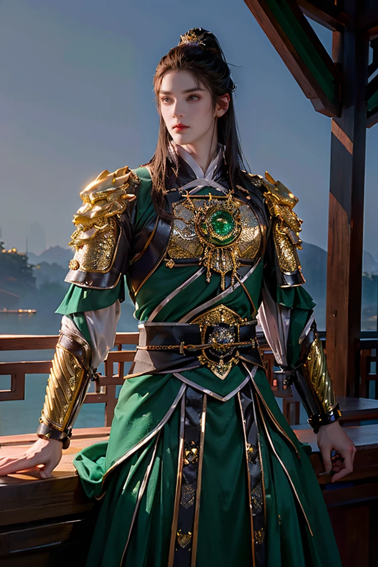 a man with short brown hair dark green eyes wearing Chinese gold and green armor over traditional Tang dynasty clothing, emerald and gold tones, bringing power and royalty to the image, he has a wispy and imposing beard (best quality, 4k, 8k, high resolution, art - prime: 1.2), ultra detailed, (realistic, photorealistic, photorealistic: 1.37), extremely detailed eyes and face, long eyelashes, intricate armor details, traditional Chinese robes, loose hair, emerald color palette and silver, powerful and serene expression, dramatic lighting, cinematic composition, award-winning digital art
