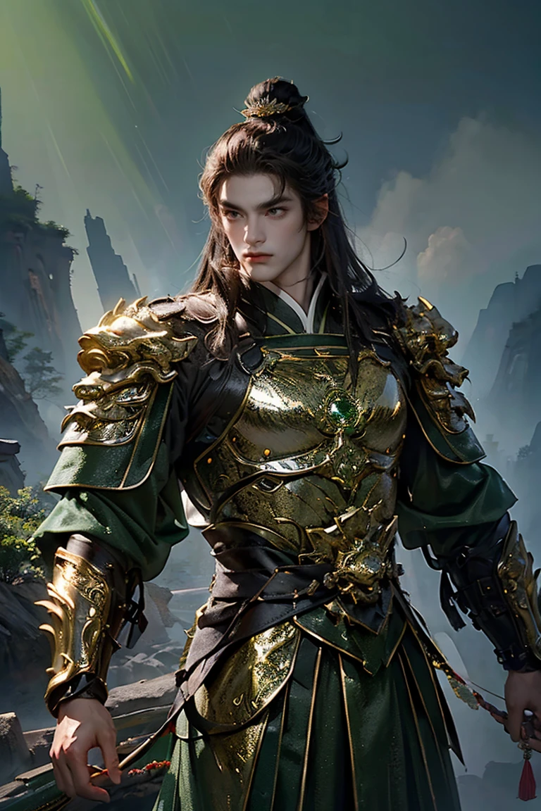 a man with short brown hair dark green eyes wearing Chinese gold and green armor over traditional Tang dynasty clothing, emerald and gold tones, bringing power and royalty to the image, he has a wispy and imposing beard (best quality, 4k, 8k, high resolution, art - prime: 1.2), ultra detailed, (realistic, photorealistic, photorealistic: 1.37), extremely detailed eyes and face, long eyelashes, intricate armor details, traditional Chinese robes, loose hair, emerald color palette and silver, powerful and serene expression, dramatic lighting, cinematic composition, award-winning digital art
