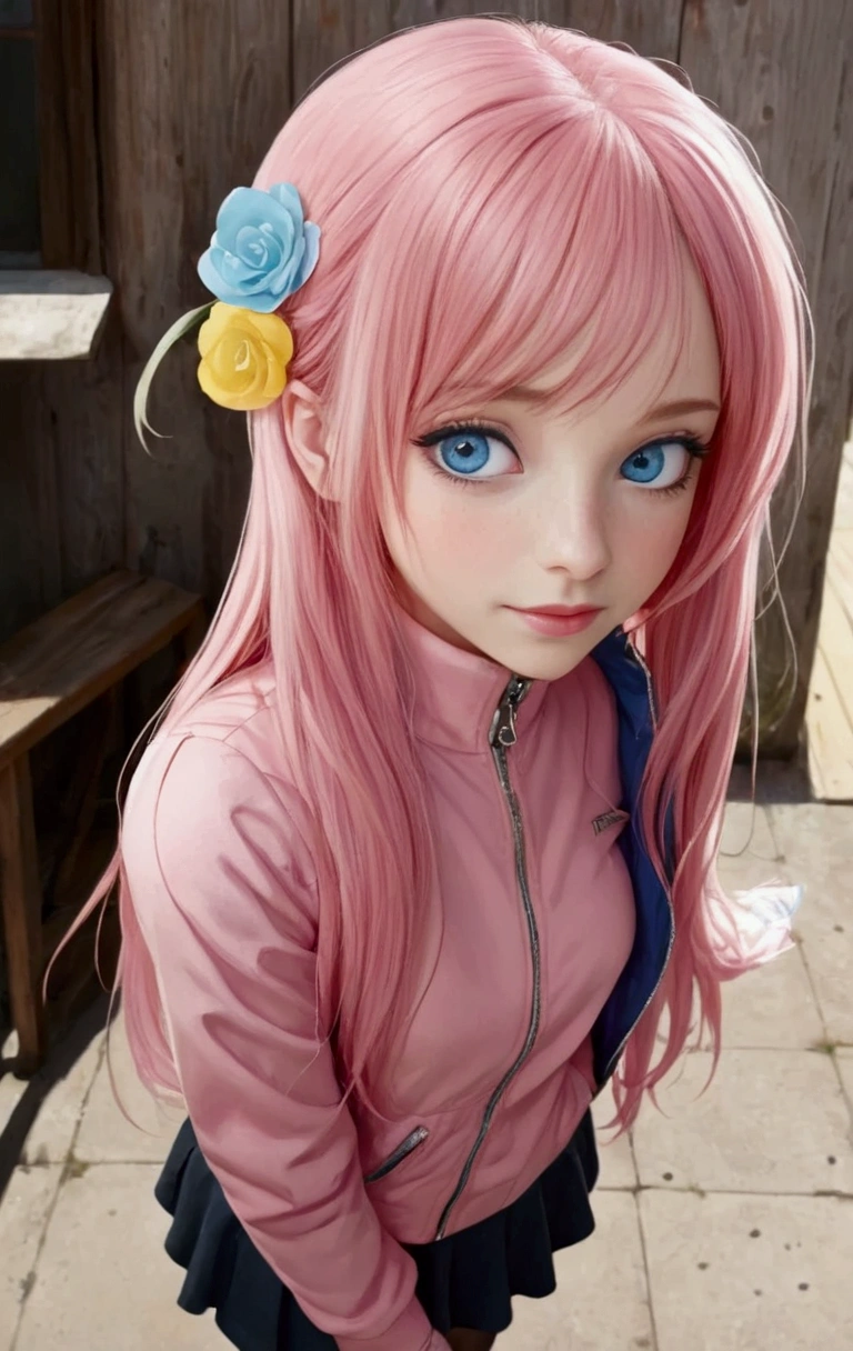 1 woman, long pink hair, wearing a pink jacket, blue eyes, realistic