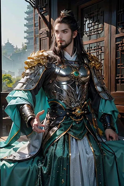 a man with short brown hair, light blue eyes, wearing chinese gold and green armor over traditional clothing from the tang dynas...