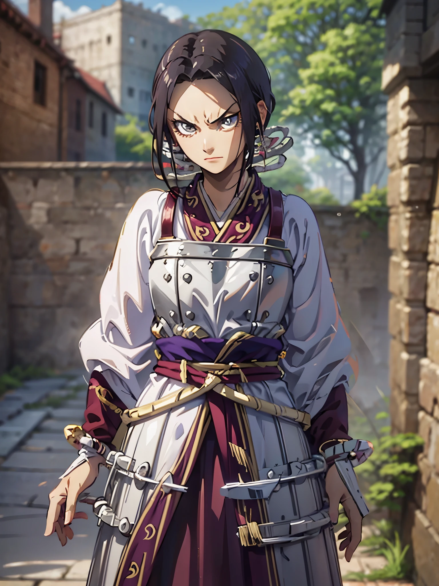 8k, Highly Detailed, Masterpiece, source_anime, best quality, beautifully detailed eyes and beautifully detailed hair, 1girl, solo, a character with fair skin, large expressive eyes, and dark brown hair styled in a neat  tied back, straight manner, sharp facial features face,  They are dressed in traditional warrior attire, consisting of a white robe with purple and gold accents, and silver armor plating on the chest and forearms. The character also wears a dark blue belt and has two swords sheathed at their sides. The overall design is detailed and emphasizes a historical or fantasy warrior theme. The background consists of a stone wall, adding a rustic and historical feel to the scene. The character's facial expression is serious and focused, suggesting determination or concentration, 