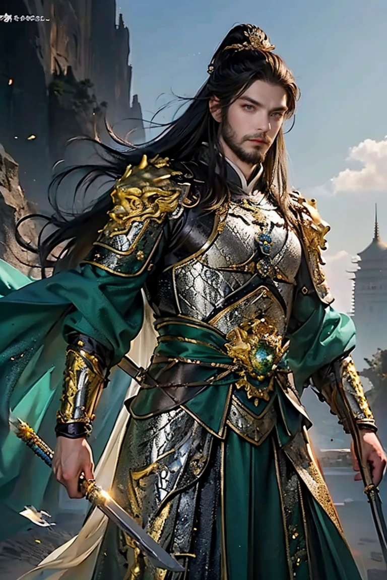 a man with short brown hair, light blue eyes, wearing Chinese gold and green armor over traditional clothing from the Tang dynasty, emerald and gold tones, bringing power and royalty to the image, he has a thin and imposing beard and has expressions of more advanced age, older man with beard (best quality, 4k, 8k, high resolution, art - prime: 1.2), ultra detailed, (realistic, photorealistic, photorealistic: 1.37), extremely detailed eyes and face, long eyelashes, armor details Intricate, traditional Chinese robes, flowing hair, emerald and silver color palette, powerful and serene expression, dramatic lighting, cinematic composition, award-winning digital art
