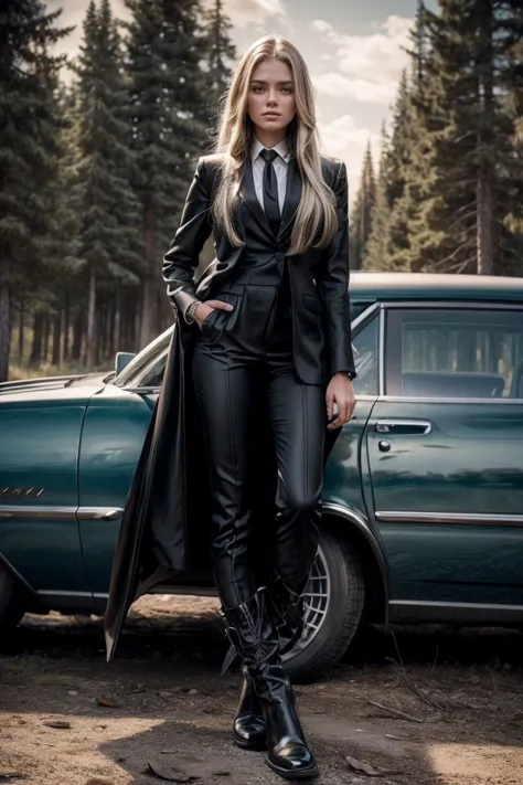 portrait of european woman with (long straight blonde hair), wearing a (black business suit, black formal boots) standing near (...