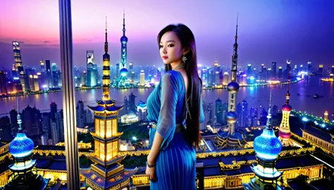 good anatomy, masterpiece, best quality, clear and sharp image, 1 oriental girl, from the top of a building, blue glass, star ro...