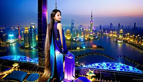 good anatomy, masterpiece, best quality, clear and sharp image, 1 oriental girl, from the top of a building, blue glass, star ro...