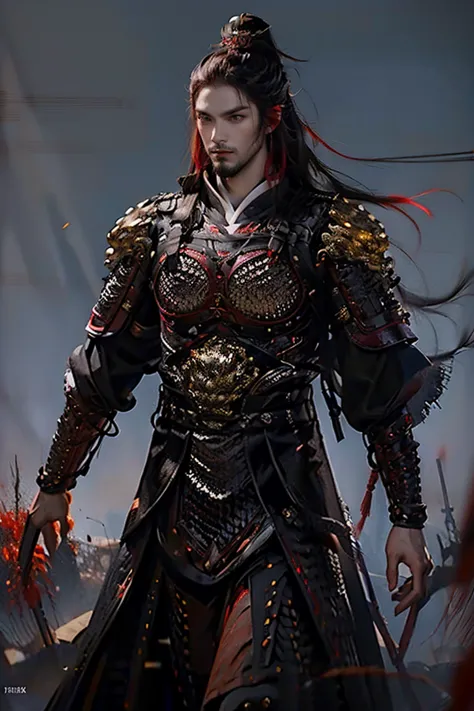 a man with long black braided hair and black eyes wearing black and red chinese skin armor over traditional clothes, blood red t...